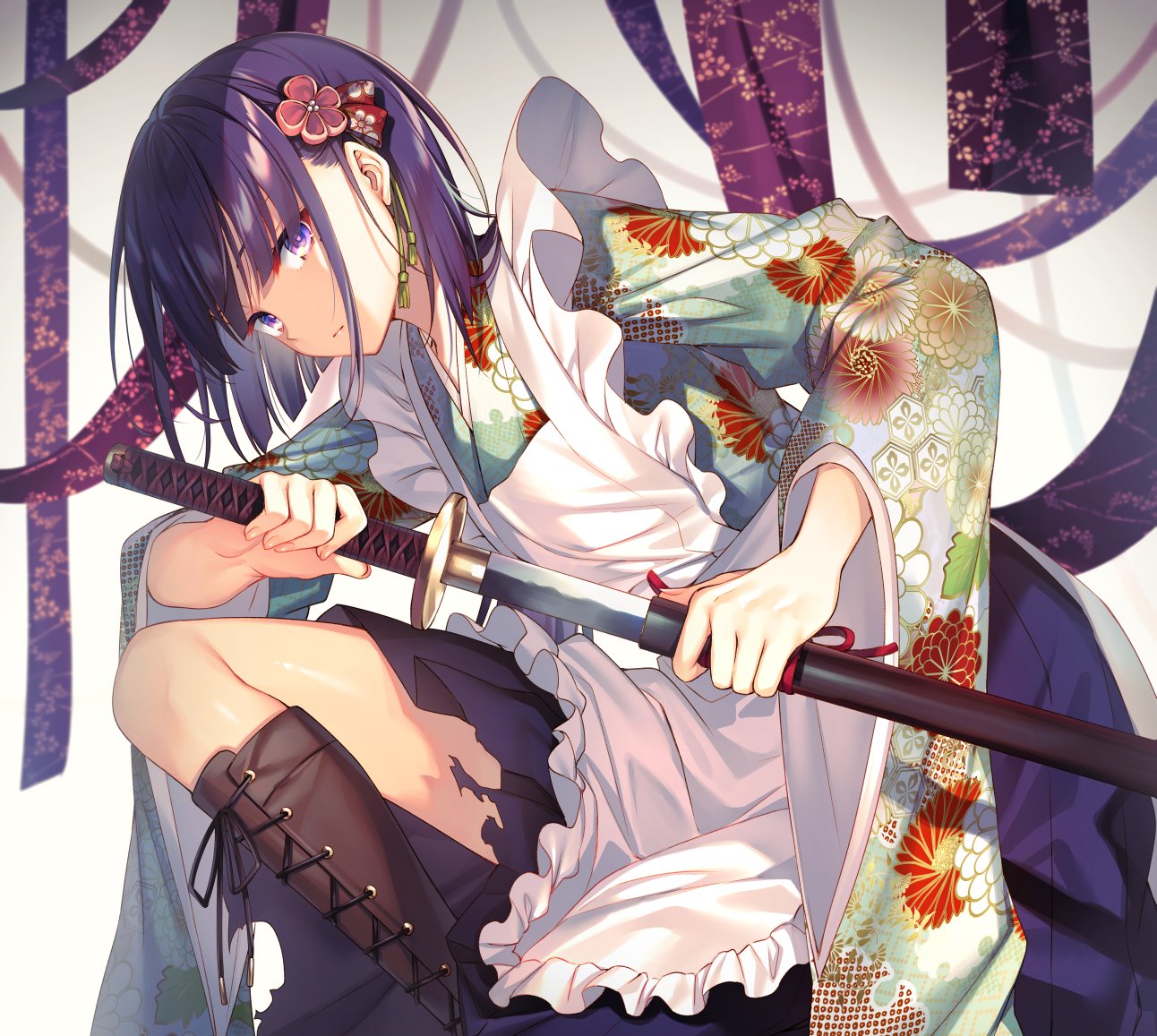 1girl apron battoujutsu_stance boots brown_footwear closed_mouth fighting_stance fingernails floral_print from_side green_kimono hair_over_one_eye holding holding_sheath holding_sword holding_weapon japanese_clothes katana kimono long_sleeves looking_at_viewer maid_apron maid_day medium_hair original purple_hair purple_skirt scabbard sheath skirt solo sword tassel toosaka_asagi unsheathing violet_eyes wa_maid weapon white_apron wide_sleeves