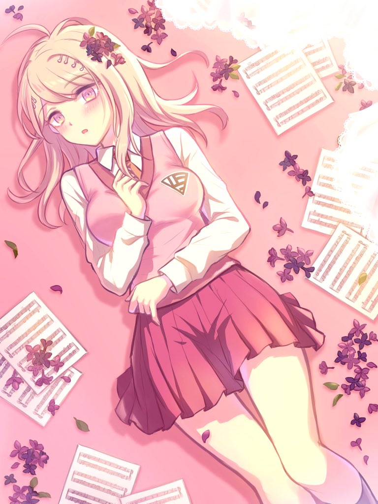 1girl :o ahoge akamatsu_kaede bangs beamed_eighth_notes beamed_sixteenth_notes blonde_hair blush breasts collared_shirt commentary_request curtains dangan_ronpa_(series) dangan_ronpa_v3:_killing_harmony eighth_note flower hair_ornament hand_up indoors long_hair long_sleeves looking_at_viewer lying medium_breasts miniskirt misumi_(71_fq) musical_note musical_note_hair_ornament necktie on_back open_mouth petals pink_eyes pink_vest pleated_skirt quarter_note school_uniform sheet_music shirt skirt solo striped sweater_vest vest yellow_eyes