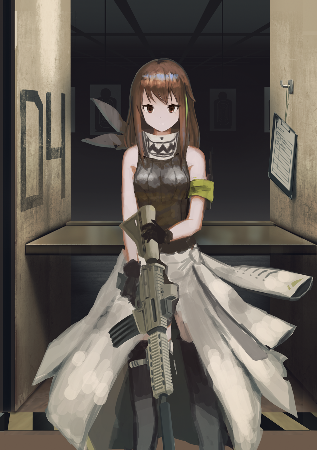 1girl assault_rifle bangs bare_shoulders black_gloves black_legwear black_shirt breasts brown_eyes brown_hair clipboard closed_mouth clothes_around_waist commentary feet_out_of_frame girls_frontline gloves green_hair gun highres hin'yari_(kakukuru) holding holding_gun holding_weapon indoors jacket jacket_around_waist long_hair looking_at_viewer m4_carbine m4a1_(girls_frontline) medium_breasts multicolored_hair object_namesake ribbed_shirt rifle shirt shooting_range sketch sleeveless sleeveless_shirt solo standing streaked_hair thigh-highs weapon white_jacket