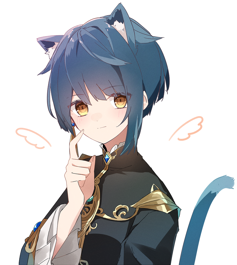 1boy a.a_(aa772) animal_ear_fluff animal_ears bangs black_jacket blue_hair blush brown_eyes cat_boy cat_ears cat_tail closed_mouth commentary_request drawn_wings earrings eyebrows_visible_through_hair frilled_sleeves frills genshin_impact hair_between_eyes jacket jewelry kemonomimi_mode long_sleeves looking_at_viewer male_focus simple_background solo tail tail_raised upper_body white_background wide_sleeves xingqiu_(genshin_impact)