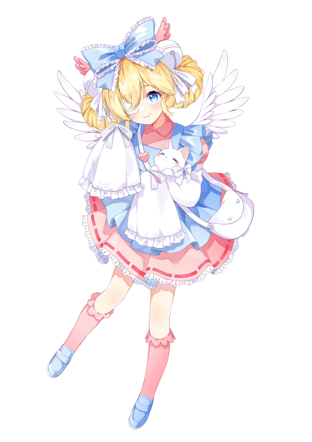 1girl animal apron bag bangs bell blonde_hair blue_apron blue_bow blue_eyes blue_footwear blush bow cat chitetan closed_mouth collared_shirt commentary_request cutesu_(cutesuu) double_bun eyebrows_visible_through_hair eyepatch feathered_wings frilled_bow frilled_legwear frills full_body hair_bell hair_between_eyes hair_bow hair_ornament jingle_bell kneehighs loafers long_sleeves medical_eyepatch original pink_legwear pink_shirt pink_skirt pleated_skirt puffy_short_sleeves puffy_sleeves shirt shoes short_over_long_sleeves short_sleeves shoulder_bag simple_background skirt sleeves_past_fingers sleeves_past_wrists smile solo white_background white_cat white_wings wide_sleeves wings