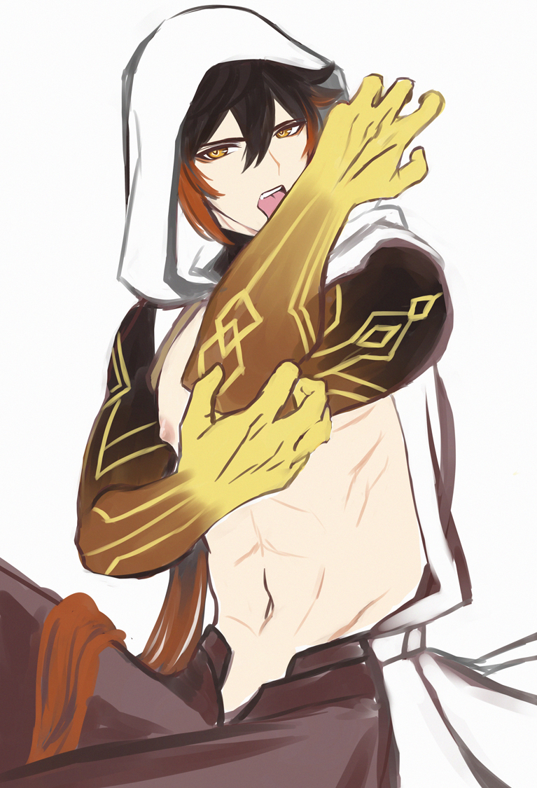 1boy abs arm_licking arm_tattoo bangs bare_shoulders black_hair brown_hair cloak gaikotsukiri genshin_impact hair_between_eyes hood hood_up hooded_cloak jewelry licking long_hair looking_at_viewer male_focus midriff multicolored_hair navel nipples open_mouth ponytail simple_background sleeveless solo tattoo toned toned_male tongue tongue_out white_background yellow_eyes zhongli_(genshin_impact)