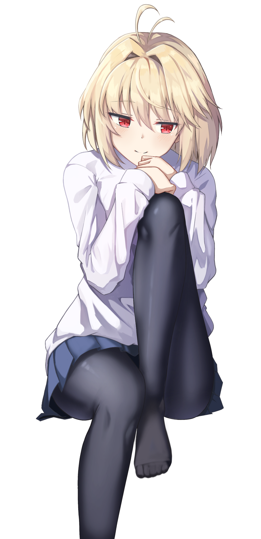 1girl antenna_hair arcueid_brunestud bangs black_legwear blonde_hair blue_skirt blush coma_(light825) eyebrows_visible_through_hair hair_between_eyes hair_intakes hands_up highres invisible_chair knee_up looking_away miniskirt no_shoes pantyhose pleated_skirt red_eyes simple_background sitting skirt slit_pupils smile solo sweater tsukihime white_sweater