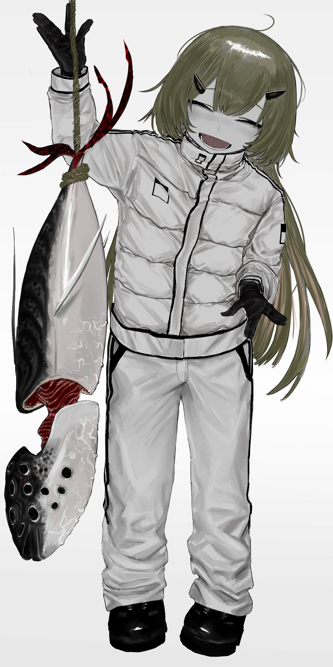 1girl :d ahoge atkm2 black_footwear black_gloves blonde_hair colored_skin creature facing_viewer fang full_body gloves grey_jacket grey_pants grey_skin hand_up head_tilt highres holding jacket long_hair long_sleeves open_mouth original pants rope shoes simple_background smile solo standing tuna white_background