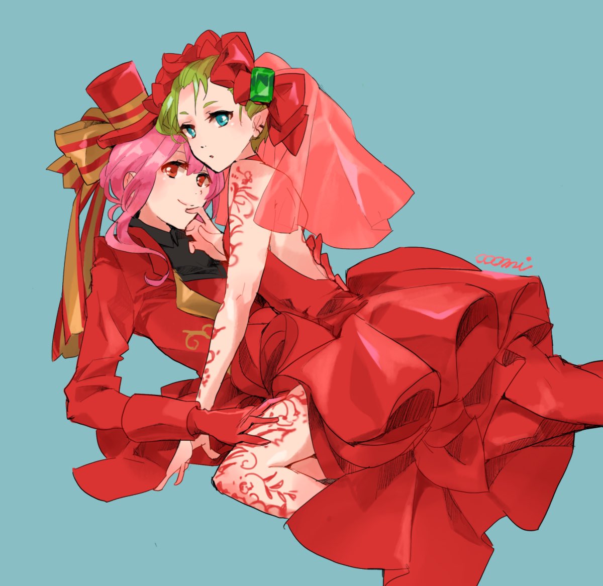2girls alternate_costume alternate_hairstyle backless_dress backless_outfit blue_background bow dress emerald_(gemstone) formal girl_on_top gloves green_hair hair_behind_ear hair_bow hand_on_another's_thigh hat henna looking_at_viewer macross macross_delta makina_nakajima multiple_girls ooomi pink_hair pointy_ears red_dress red_eyes red_gloves red_headwear red_suit reina_prowler short_hair suit tied_hair yellow_bow yuri