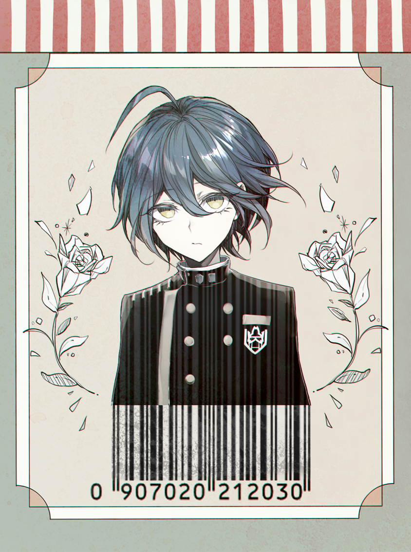 1boy ahoge bangs barcode black_hair black_jacket breast_pocket brown_eyes buttons closed_mouth commentary_request dangan_ronpa_(series) dangan_ronpa_v3:_killing_harmony double-breasted floral_print flower goto_(sep) grey_background grey_flower jacket looking_at_viewer male_focus petals pocket saihara_shuuichi short_hair solo striped striped_background upper_body