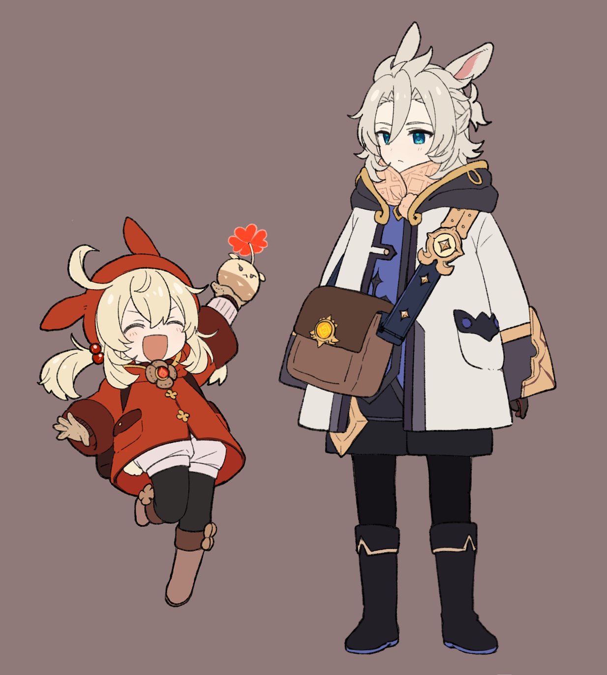 1boy 1girl :d ^_^ albedo_(genshin_impact) animal_ears animal_hood bangs black_footwear blonde_hair blue_eyes boots braid brown_background brown_bag brown_gloves bunny_hood closed_eyes coat expressionless fold-over_boots full_body genshin_impact gloves grey_hair hair_bobbles hair_ornament highres hood jumping kemonomimi_mode klee_(genshin_impact) making-of_available marimo_jh multicolored_coat open_mouth puffy_shorts rabbit_ears red_coat red_hood short_twintails shorts simple_background smile standing symbol_commentary twintails vision_(genshin_impact)