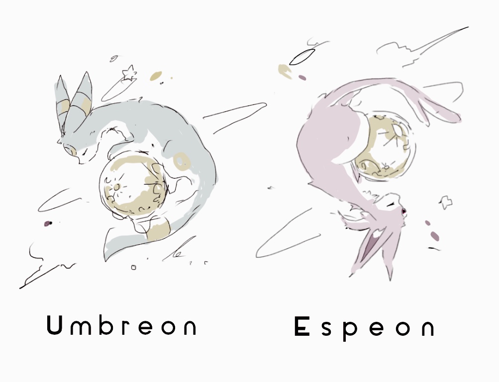 animal_focus character_name closed_eyes commentary_request english_text espeon forehead_jewel from_side full_moon gen_2_pokemon grey_background kamonabe_(kamonabeekon) moon no_humans pokemon pokemon_(creature) profile simple_background sketch star_(symbol) symmetry umbreon