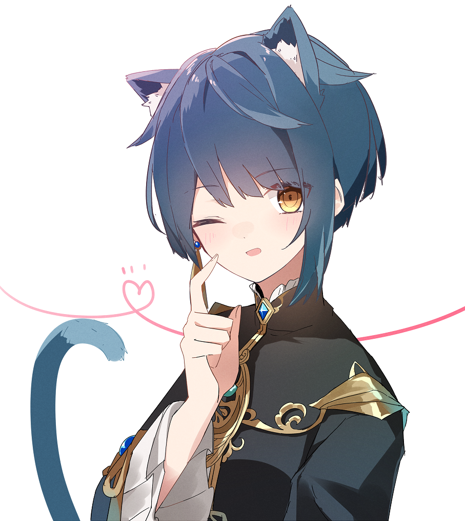 1boy ;d a.a_(aa772) animal_ear_fluff animal_ears bangs black_jacket blue_hair blush brown_eyes cat_boy cat_ears cat_tail earrings eyebrows_visible_through_hair frilled_sleeves frills genshin_impact hair_between_eyes heart jacket jewelry kemonomimi_mode long_sleeves looking_at_viewer male_focus one_eye_closed open_mouth simple_background smile solo tail tail_raised upper_body white_background wide_sleeves xingqiu_(genshin_impact)