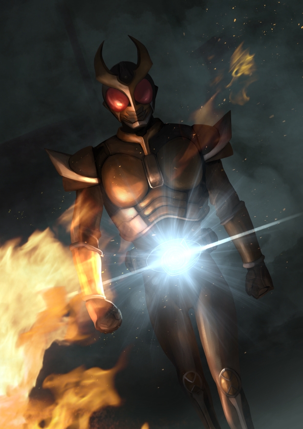 1boy armor belt bracer clenched_hands fire glowing kamen_rider kamen_rider_agito kamen_rider_agito_(series) looking_at_viewer male_focus red_eyes smoke solo tokusatsu tsubasansan v-fin walking