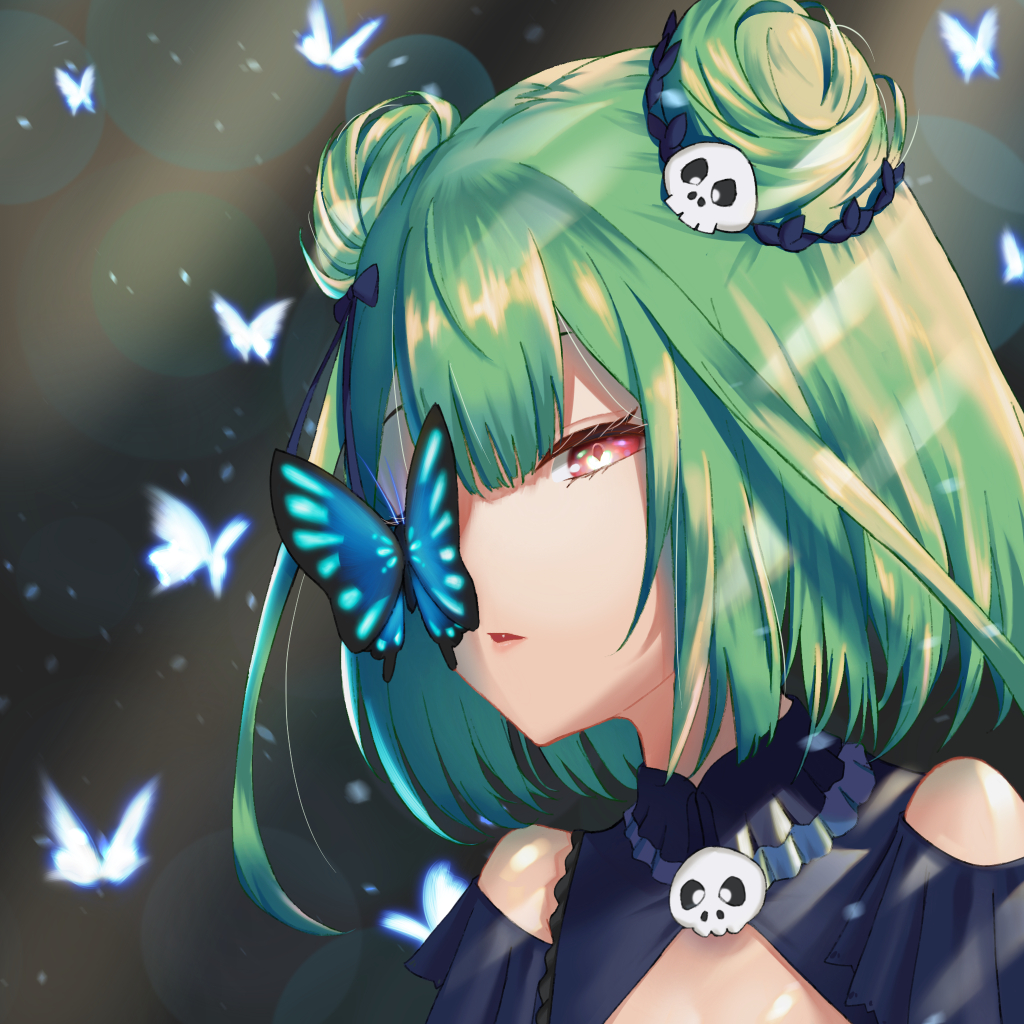 1girl bangs bare_shoulders bug butterfly detached_sleeves double_bun dress green_hair hair_ornament hololive insect red_eyes short_hair skull_hair_ornament solo uruha_rushia virtual_youtuber