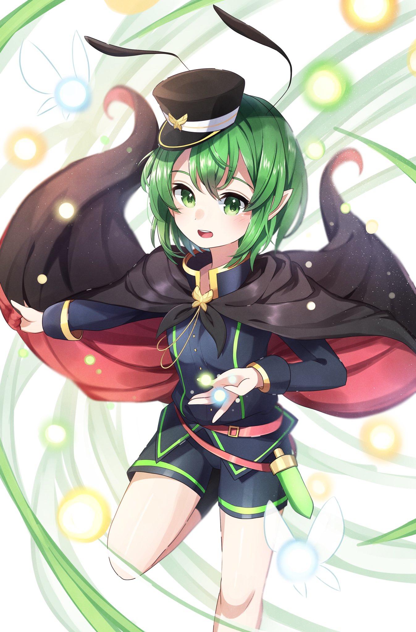 ametama_(runarunaruta5656) androgynous antennae bangs black_cape blue_shorts cape danmaku feet_out_of_frame flat_chest green_eyes green_hair highres holding holding_cape knee_up light_blush long_sleeves mary_janes military military_uniform open_mouth pointy_ears red_cape shoes short_hair shorts smile tagme tomboy touhou two-sided_cape two-sided_fabric uniform upper_teeth very_short_hair wriggle_nightbug