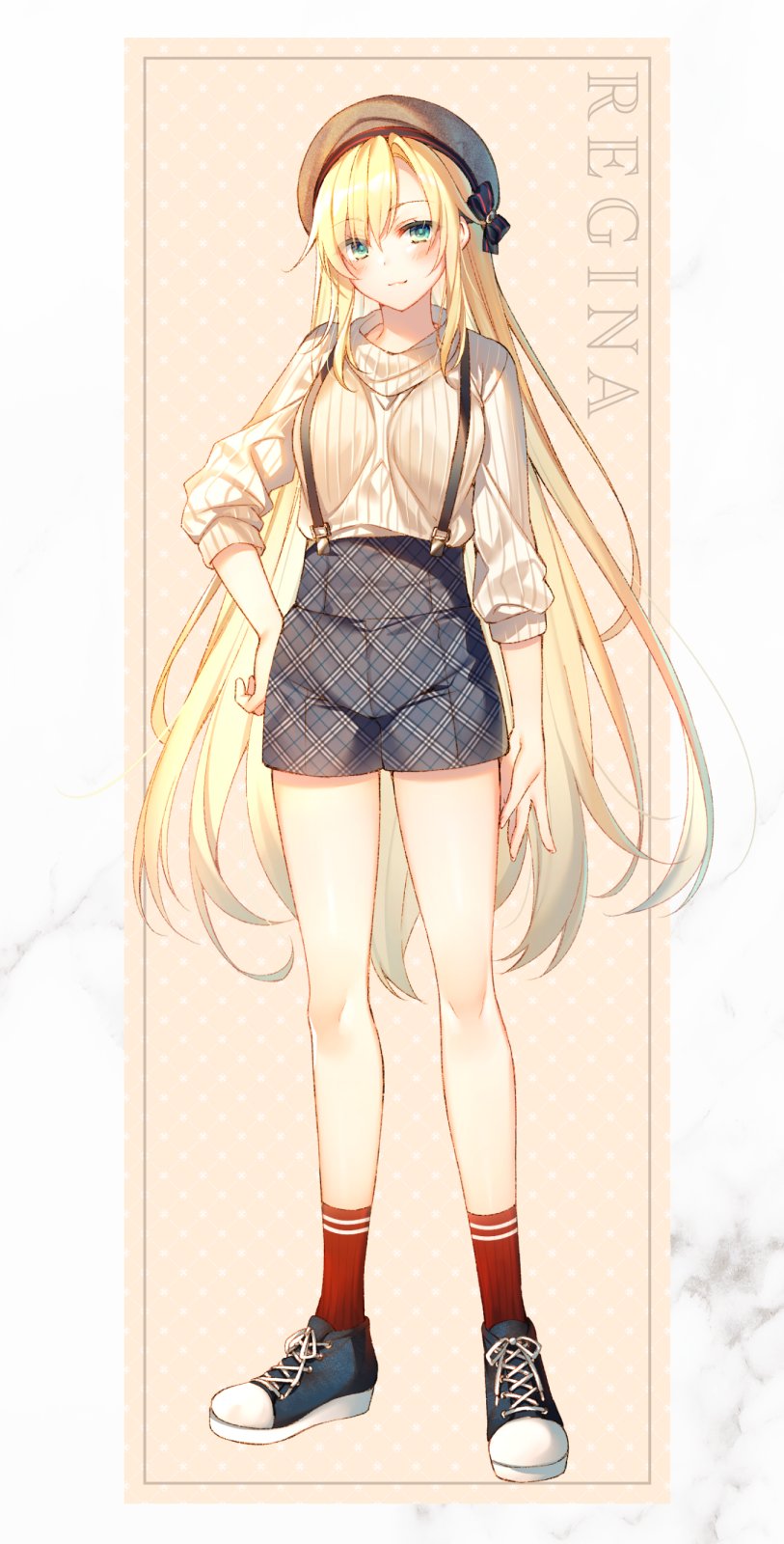 1girl black_footwear blush border character_name closed_mouth full_body green_eyes grey_headwear grey_shorts hand_on_hip hat highres long_hair looking_at_viewer red_legwear regina_(seiken_gakuin_no_maken_tsukai) ribbed_sweater seiken_gakuin_no_maken_tsukai shoes shorts smile socks solo suspender_shorts suspenders sweater toosaka_asagi very_long_hair white_border white_sweater