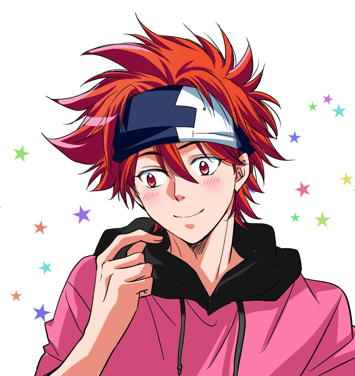 1boy blush closed_mouth hood hood_down hoodie kyan_reki male_focus orange_eyes patterned_background redhead sisido_(black_candy) sk8_the_infinity smile solo spiky_hair star_(symbol) upper_body white_background
