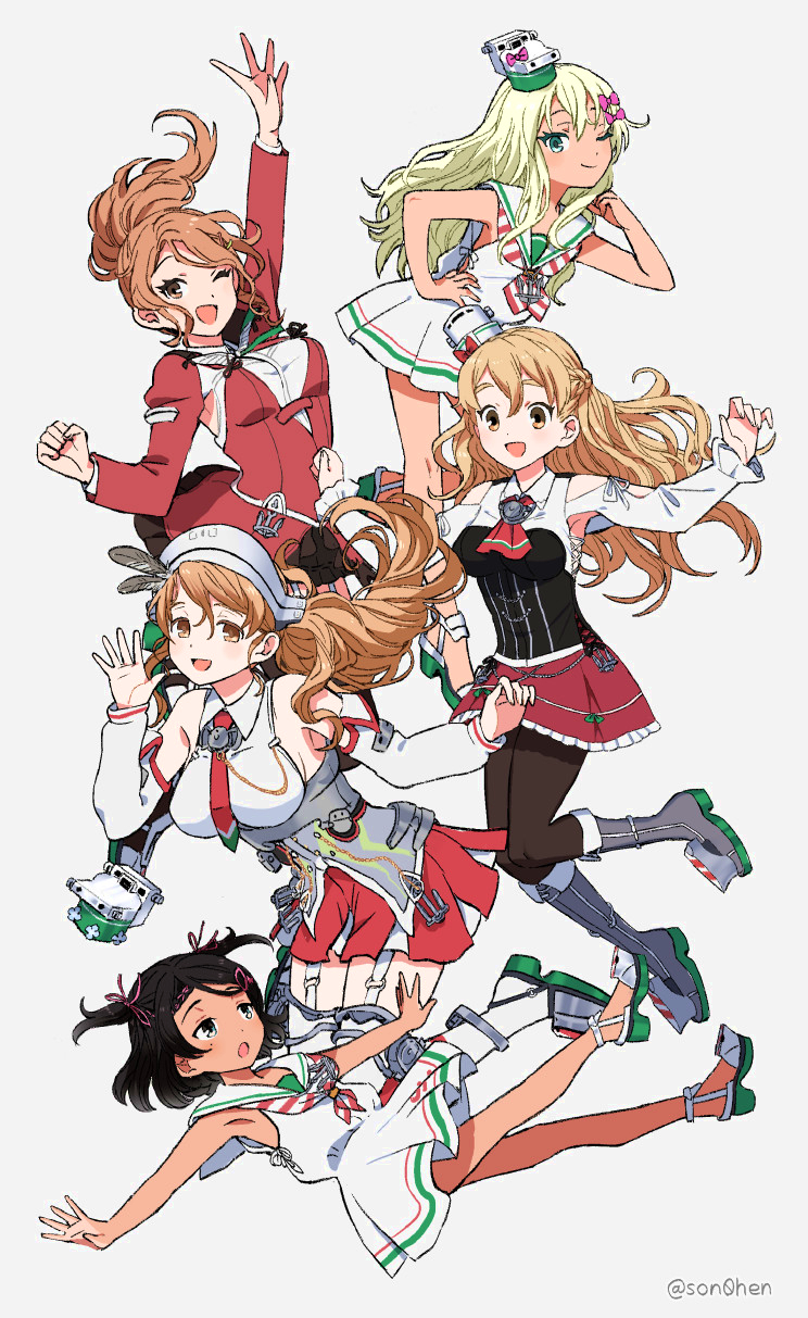 5girls aquila_(kantai_collection) arm_up armpit_cutout bangs black_hair black_legwear blonde_hair braid breasts clothing_cutout detached_sleeves dress feathers french_braid frilled_skirt frills garter_straps grecale_(kantai_collection) grey_background hair_ornament hair_ribbon hairclip hand_on_hip hat headdress high_heels highres kantai_collection large_breasts light_brown_hair littorio_(kantai_collection) long_hair long_sleeves medium_breasts military military_uniform mini_hat multiple_girls one_eye_closed open_mouth orange_hair pantyhose ponytail red_skirt ribbon sailor_collar sailor_dress scirocco_(kantai_collection) shimin simple_background skirt sleeveless sleeveless_dress smile striped striped_neckwear thigh-highs twitter_username two_side_up uniform white_dress white_legwear zara_(kantai_collection)