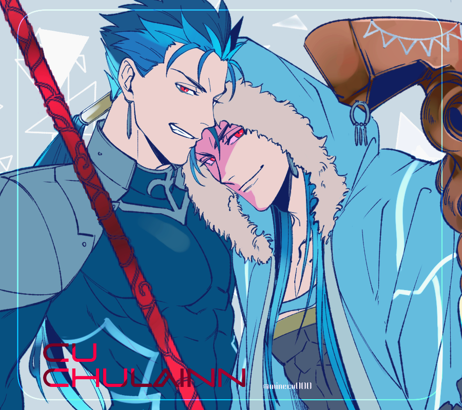 2boys abs armor beads blue_hair bodysuit capelet character_name closed_mouth cu_chulainn_(fate)_(all) cu_chulainn_(fate/grand_order) earrings fate/grand_order fate/stay_night fate_(series) fur-trimmed_hood fur_trim gae_bolg grin hair_beads hair_ornament hood hood_up hooded_capelet jewelry lancer long_hair looking_at_viewer male_focus mineco000 multiple_boys multiple_persona muscular pauldrons pectorals ponytail red_eyes shoulder_armor skin_tight smile spiky_hair staff twitter_username type-moon