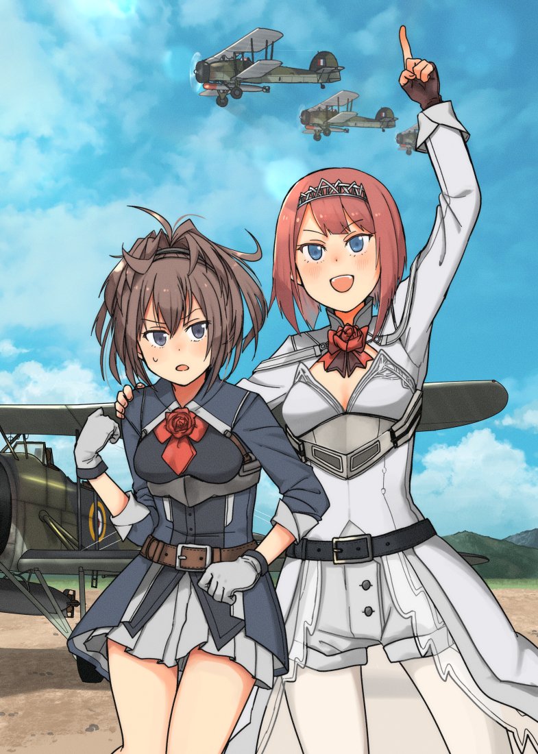 2girls aircraft airplane annin_musou ark_royal_(kantai_collection) ascot belt belt_buckle black_belt blue_eyes breasts brown_belt brown_gloves brown_hair buckle clouds cloudy_sky day fingerless_gloves flower gloves grey_eyes grey_gloves grey_skirt hair_between_eyes hairband kantai_collection long_hair long_sleeves medium_breasts messy_hair mountain multiple_girls open_mouth pantyhose pleated_skirt pointing pointing_up ponytail red_flower red_neckwear red_ribbon red_rose redhead ribbon rose sheffield_(kantai_collection) short_hair shorts skirt sky smile tiara white_legwear white_shorts