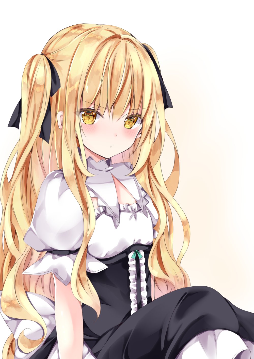 1girl :/ adapted_costume alternate_hairstyle bangs black_dress black_ribbon blonde_hair blush closed_mouth commentary_request dress eyebrows_visible_through_hair feet_out_of_frame flat_chest gradient gradient_background hair_intakes hair_ribbon highres kirisame_marisa knees_up long_hair looking_at_viewer nanase_nao puffy_short_sleeves puffy_sleeves ribbon shiny shiny_hair short_sleeves sidelocks simple_background solo touhou twintails upper_body v-shaped_eyebrows white_background yellow_eyes