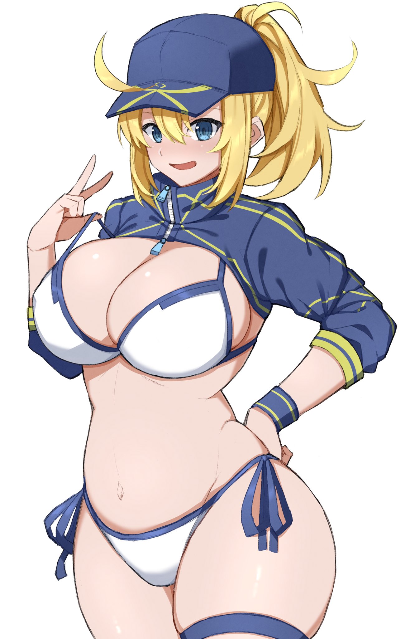 1girl ahoge artoria_pendragon_(all) baseball_cap bikini blonde_hair blue_eyes blue_headwear blue_jacket blush breasts closed_mouth commentary_request cropped_jacket eyebrows_visible_through_hair fate/grand_order fate_(series) hair_between_eyes hair_through_headwear hand_on_hip hand_up hat highres imuzi jacket looking_at_viewer medium_breasts medium_hair midriff mysterious_heroine_xx_(foreigner) navel ponytail shrug_(clothing) side-tie_bikini simple_background smile solo swimsuit v white_background white_bikini
