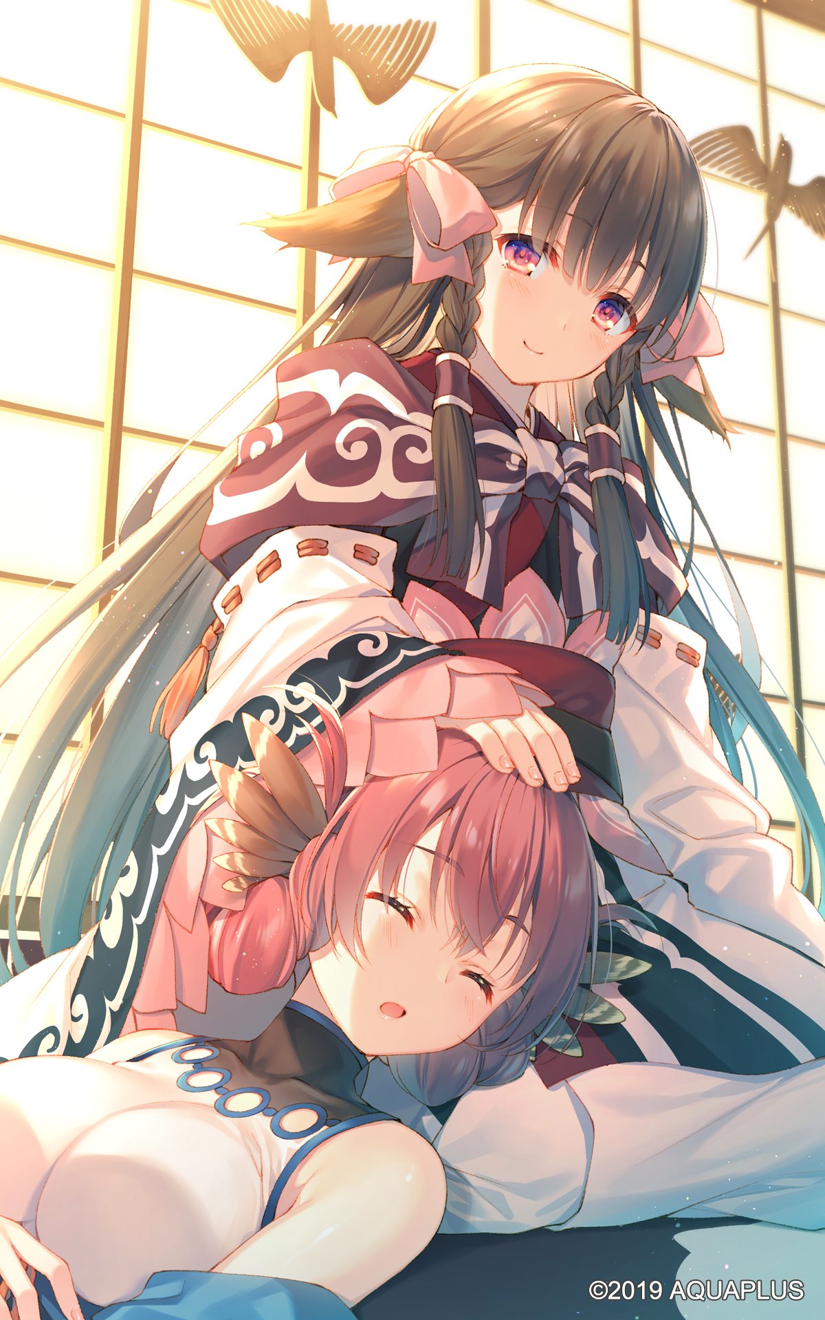 2girls animal_ears black_hair bow breasts character_request closed_eyes closed_mouth hair_bow hairband hand_on_another's_head highres lap_pillow large_breasts long_hair long_sleeves looking_at_viewer multiple_girls obi official_art parted_lips petting pink_bow red_eyes red_hairband sash seiza shirt sitting sleeveless sleeveless_shirt smile tagme toosaka_asagi traditional_clothes utawareru_mono:_lost_frag watermark white_shirt wide_sleeves