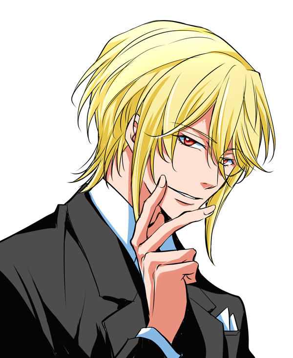 1boy blonde_hair formal hair_between_eyes male_focus medium_hair pocket_square simple_background sisido_(black_candy) suit upper_body white_background william_james_moriarty yuukoku_no_moriarty