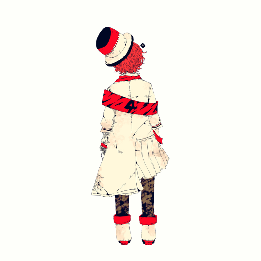 1boy 3kuma asymmetrical_clothes bandaged_arm bandages black_pants boots coat colored_skin from_behind fukase full_body hat male_focus number_print official_art pants red_eyes red_neckwear redhead scar_on_arm standing vocaloid white_background white_coat white_footwear white_skin