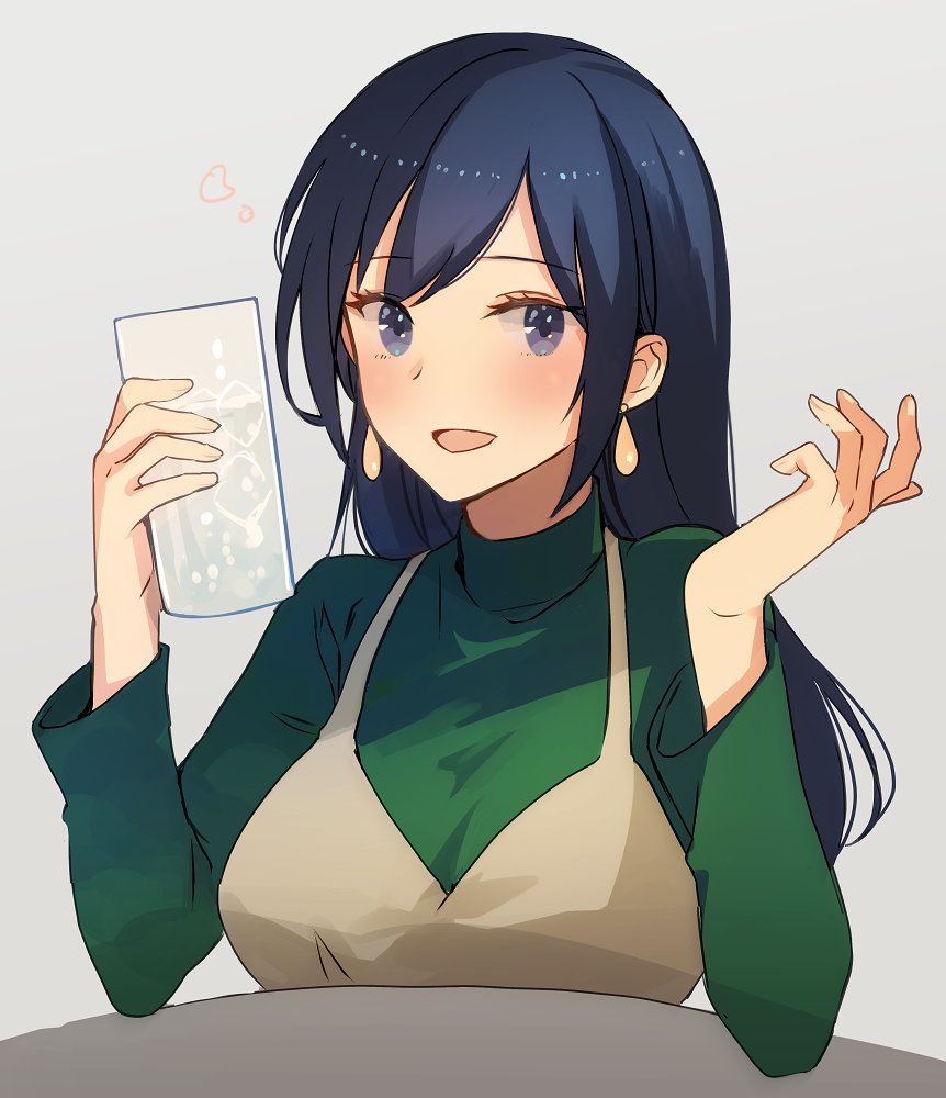 1girl :d apron blue_eyes blue_hair blush cup drinking_glass earrings eyebrows_visible_through_hair green_shirt grey_background hair_between_eyes holding holding_cup jewelry kantai_collection kasumi_(skchkko) long_hair long_sleeves official_alternate_costume open_mouth shirt simple_background smile solo souryuu_(kantai_collection)