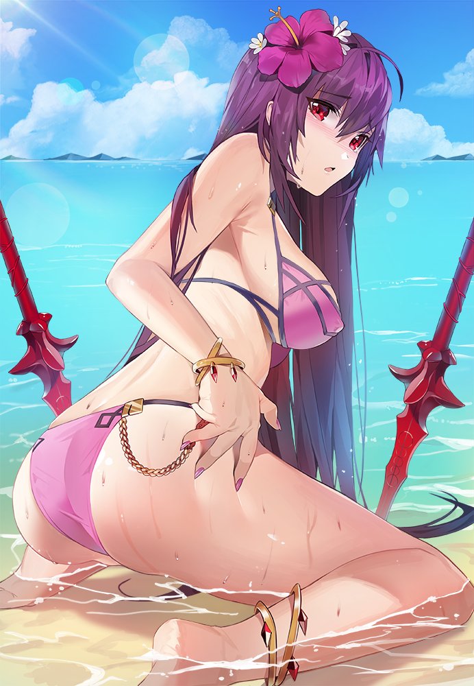 1girl alternate_costume anklet ass bikini blue_sky bracelet breasts clouds damda fate/grand_order fate_(series) flower hair_flower hair_intakes hair_ornament hibiscus horizon jewelry large_breasts long_hair looking_back ocean outdoors partially_submerged pink_bikini purple_bikini purple_hair red_eyes scathach_(fate)_(all) scathach_(swimsuit_assassin)_(fate) sky solo swimsuit