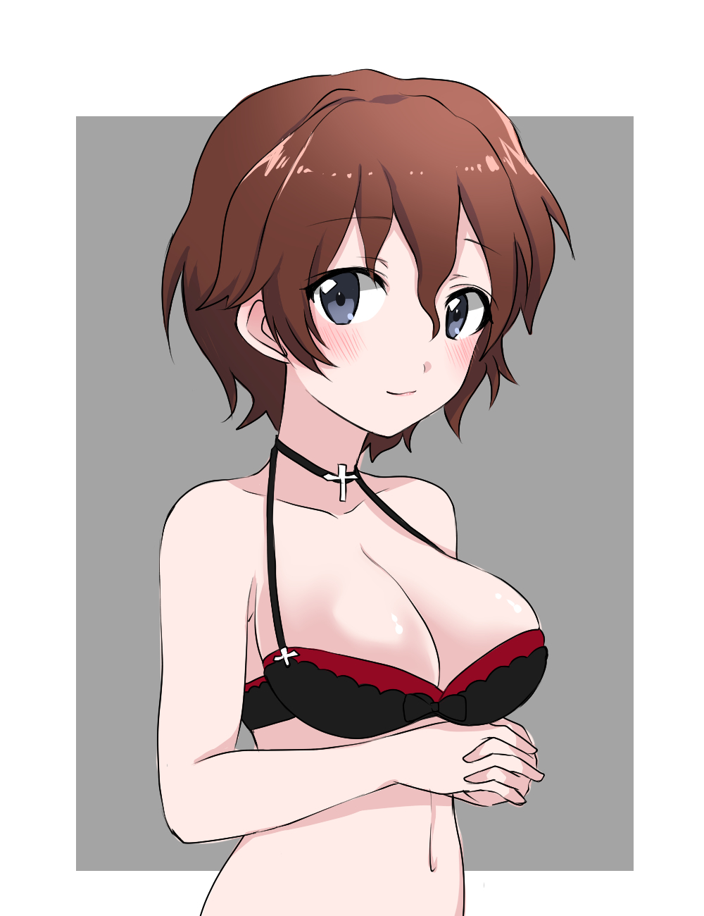 1girl airi_(akamichiaika) akaboshi_koume bangs bikini black_bikini black_choker blue_eyes border breasts brown_hair choker closed_mouth commentary cross_choker eyebrows_visible_through_hair girls_und_panzer grey_background hands_together highres interlocked_fingers light_blush looking_at_viewer medium_breasts navel short_hair smile solo swimsuit upper_body wavy_hair white_border