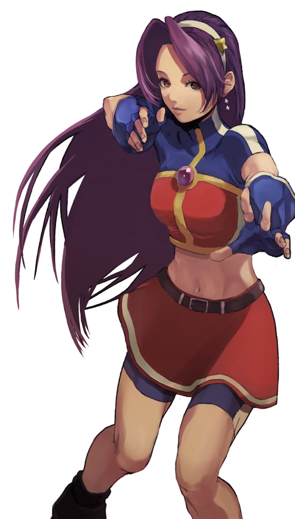 1girl asamiya_athena bangs belt breasts crop_top earrings fingerless_gloves gauss_&lt;bokashi gloves hair_ornament hairband halter_top halterneck highres jewelry long_hair medium_breasts midriff navel parted_bangs purple_hair shorts shorts_under_skirt skirt solo star_(symbol) star_hair_ornament the_king_of_fighters the_king_of_fighters_2002 very_long_hair violet_eyes