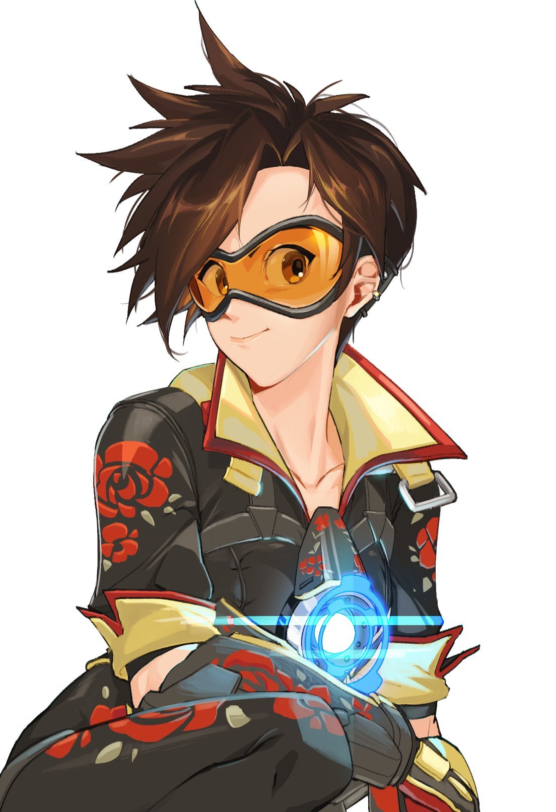 1girl alternate_costume bangs black_jacket black_pants bomber_jacket brown_eyes brown_hair chest_harness closed_mouth collar collarbone ear_piercing earrings floral_print gloves goggles harness highres jacket jewelry lips looking_at_viewer maro_(lij512) orange_goggles overwatch pants piercing rose_print short_hair short_sleeves simple_background smile solo spiky_hair squatting swept_bangs tracer_(overwatch) white_background