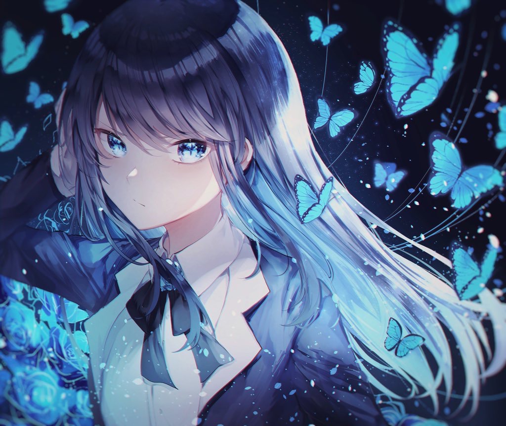 1girl ado_(singer) arm_up bangs black_hair black_jacket black_neckwear blue_butterfly blue_eyes blue_flower blue_hair blue_rose bow bowtie bug butterfly closed_mouth collared_shirt colored_inner_hair flower hand_on_own_head insect jacket lapel long_hair long_sleeves looking_to_the_side multicolored_hair niconico noyu_(noyu23386566) rose shiny shiny_hair shirt solo suit_jacket utaite_(singer) white_shirt