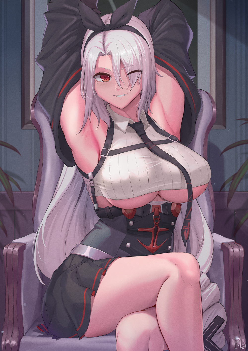 1girl armpits arms_behind_head arms_up azur_lane bare_shoulders black_gloves breasts collared_shirt crop_top crossed_legs day detached_sleeves eyes_visible_through_hair gloves hair_over_one_eye hair_ribbon highres kakeku large_breasts long_hair long_sleeves looking_at_viewer one_eye_closed prinz_heinrich_(azur_lane) puffy_sleeves red_eyes ribbed_shirt ribbon shirt silver_hair sitting sleeveless sleeveless_shirt smile thighs under_boob underbust very_long_hair white_shirt