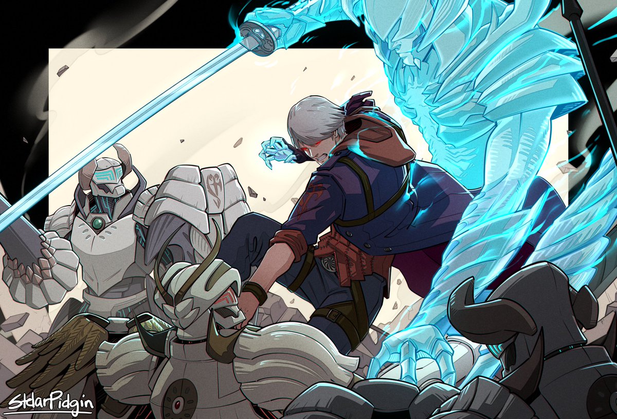 armor artist_name battle bracelet choke_hold clenched_teeth devil_may_cry devil_may_cry_4 devil_trigger glowing glowing_eyes hood hood_down hoodie jacket jewelry lance nero_(devil_may_cry) polearm red_eyes short_hair silver_hair stelarpidgin strangling sword teeth weapon yamato_(sword)