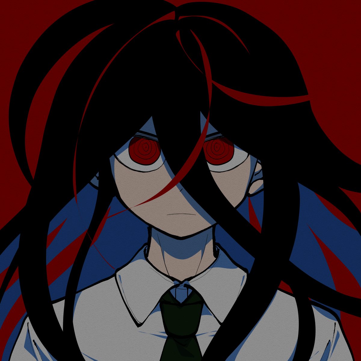 1boy bangs black_hair closed_mouth collared_shirt dangan_ronpa_(series) dangan_ronpa_2:_goodbye_despair frown furukawa_(yomawari) grey_shirt highres kamukura_izuru long_hair looking_at_viewer multicolored_hair necktie red_background red_eyes red_theme redhead shirt solo spiral_eyes streaked_hair upper_body