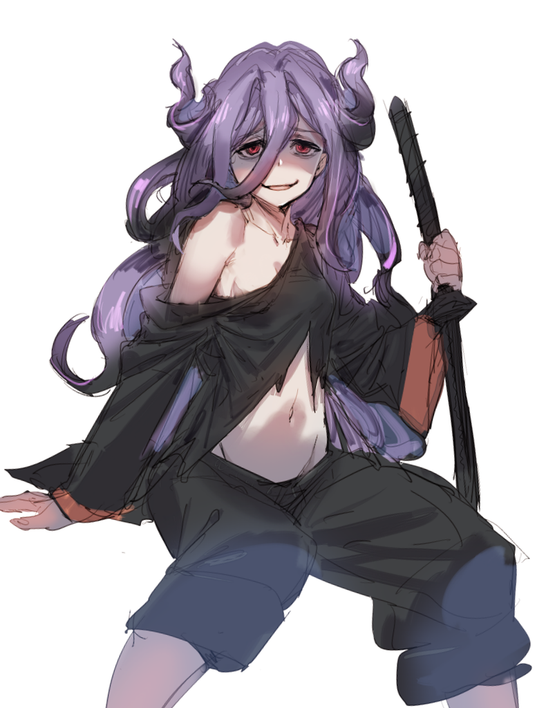 1girl black_pants bow_(bhp) copyright_request hair_between_eyes hair_horns holding holding_sword holding_weapon invisible_chair katana long_hair long_sleeves looking_at_viewer navel pants planted_sword planted_weapon purple_hair red_eyes shaded_face simple_background single_bare_shoulder sitting smile solo sword weapon white_background