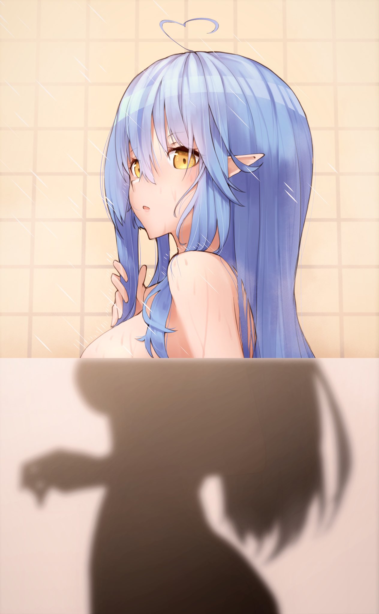 1girl ahoge artist_request bathing blue_hair blush breasts highres hololive long_hair looking_at_viewer pointy_ears tile_wall tiles virtual_youtuber yellow_eyes yukihana_lamy