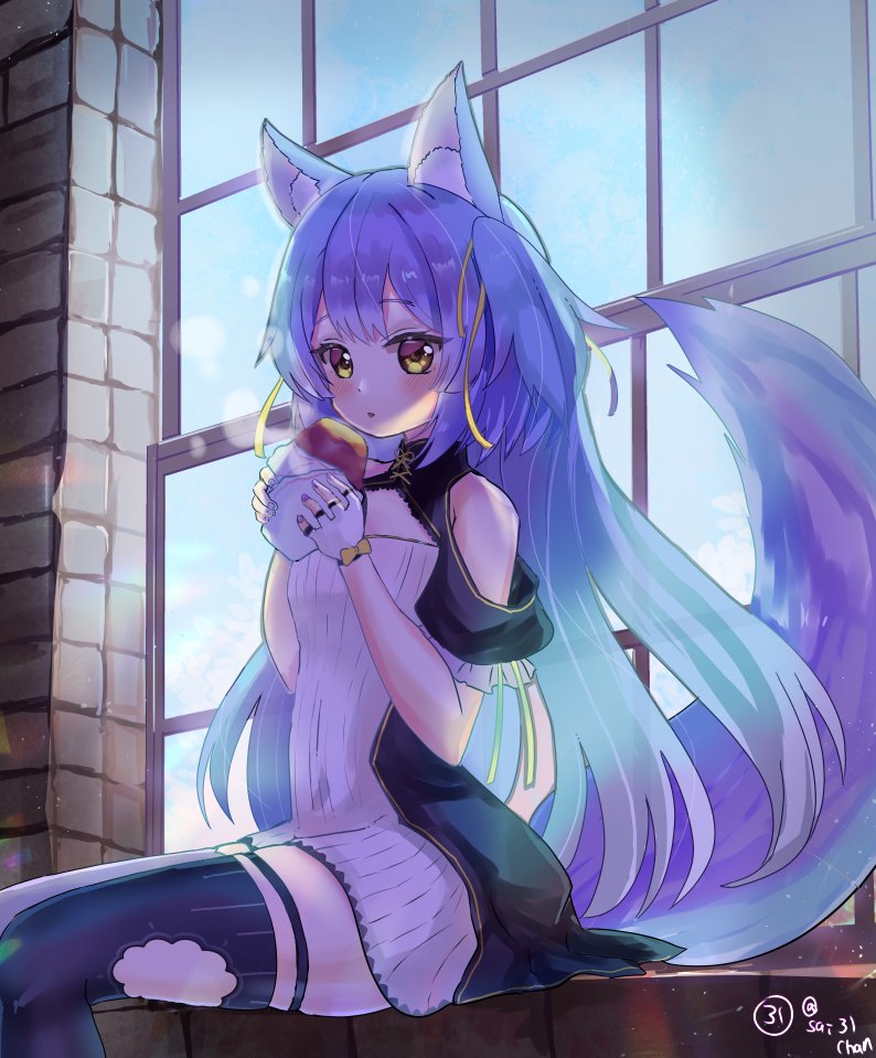 .live animal_ears breasts commentary_request fingerless_gloves food gloves hair_between_eyes hair_ornament holding holding_food long_hair looking_at_viewer purple_hair rurun_rururica sai_(mayuemon817) sitting small_breasts sweet_potato tail thigh-highs twitter_username virtual_youtuber white_gloves window wolf_ears wolf_tail