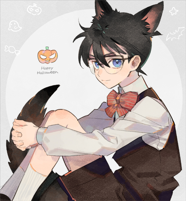 1boy animal_ears bangs blue_eyes blush bow bowtie brown_hair brown_shirt brown_vest child circle closed_mouth collared_shirt commentary_request edogawa_conan english_text feet_out_of_frame fox_ears fox_tail from_side ghost glasses grey_background hair_between_eyes halloween hands_clasped happy_halloween jack-o'-lantern kanamura_ren kemonomimi_mode knees_up leg_hug long_sleeves looking_at_viewer male_focus meitantei_conan own_hands_together red_neckwear shirt short_hair sitting socks solo striped striped_bow striped_neckwear tail two-tone_background vest white_background white_legwear white_shirt