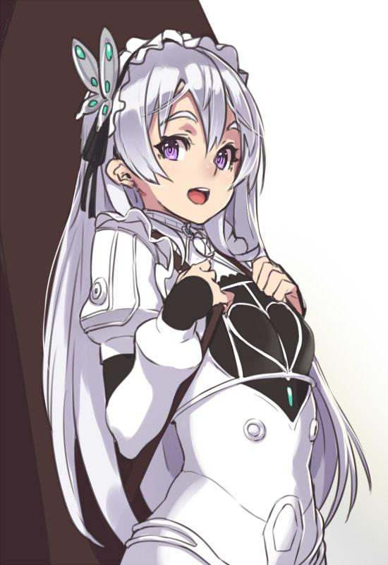 1girl :d backpack bag breasts chaika_trabant dress grey_hair hair_between_eyes hands_up hitsugi_no_chaika houtengeki juliet_sleeves long_hair long_sleeves looking_at_viewer open_mouth puffy_sleeves simple_background small_breasts smile solo upper_teeth violet_eyes white_background white_dress