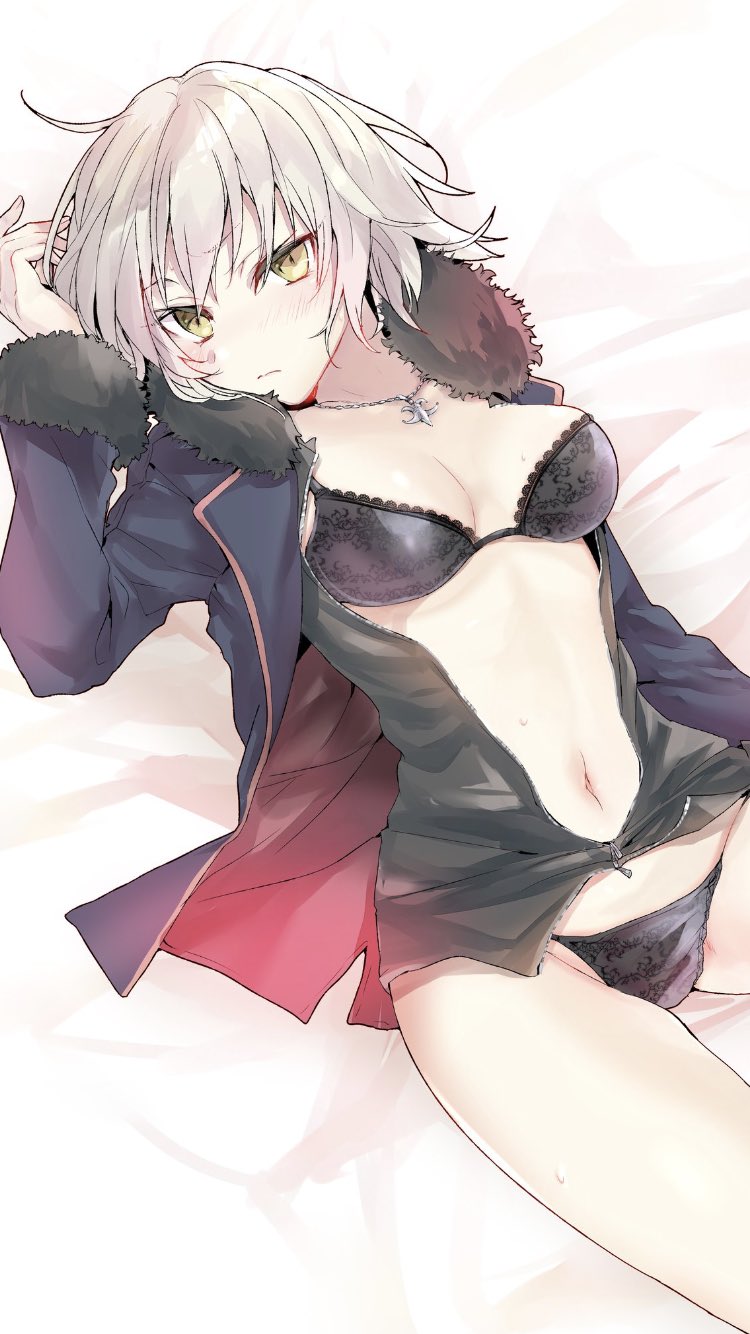 1girl arm_up bangs bed_sheet black_bra black_dress black_jacket black_panties blush bra breasts brown_eyes closed_mouth commentary_request dress eyebrows_visible_through_hair fate/grand_order fate_(series) fur-trimmed_jacket fur-trimmed_sleeves fur_trim grey_hair hair_between_eyes highres jacket jeanne_d'arc_(alter)_(fate) jeanne_d'arc_(fate)_(all) jewelry long_sleeves looking_at_viewer lying medium_breasts navel on_back open_clothes open_dress open_jacket panties pendant solo tomozero underwear wicked_dragon_witch_ver._shinjuku_1999