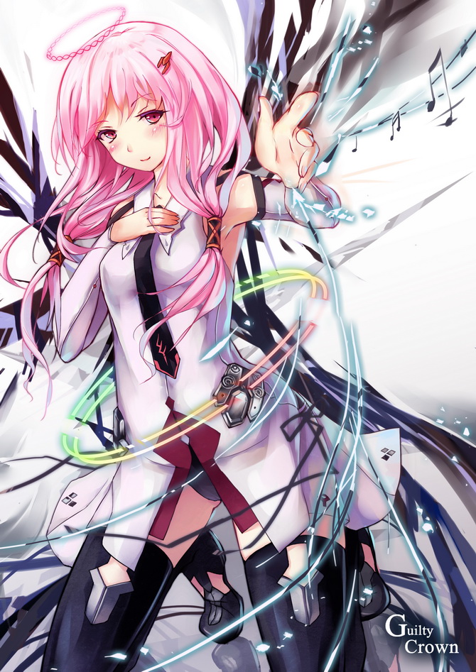 1girl bare_shoulders black_legwear blush breasts detached_sleeves double_helix g.h_(gogetsu) guilty_crown hair_ornament hairclip halo long_hair looking_at_viewer music_video pink_hair red_eyes smile solo thighhighs twintails yuzuriha_inori