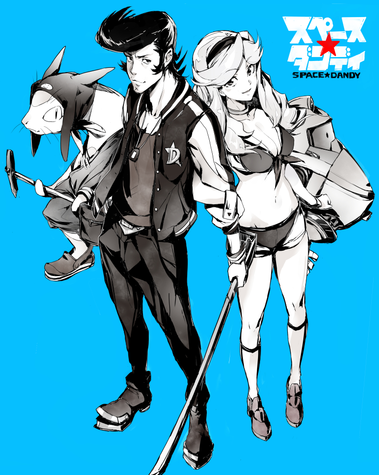 1boy black_hair boobies_uniform breasts cleavage dandy_(space_dandy) honey_(space_dandy) jewelry looking_at_viewer meow_(space_dandy) monochrome navel necklace pickaxe pompadour qt_(space_dandy) scar short_shorts shorts smile space_dandy usisan