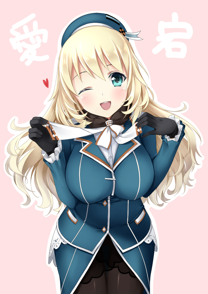 1girl ;d atago_(kantai_collection) black_gloves black_legwear blonde_hair blue_eyes blush breasts french_maid gloves hat heart kantai_collection large_breasts long_hair looking_at_viewer military military_uniform multiple_girls open_mouth pantyhose personification simple_background smile solo uniform wink