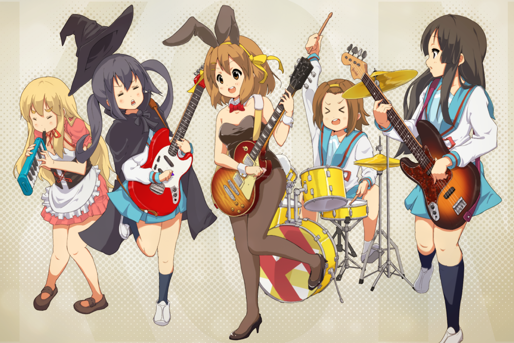 5girls akiyama_mio animal_ears asahina_mikuru asahina_mikuru_(cosplay) bunnysuit cape company_connection cosplay drum drum_set guitar hat hirasawa_yui hobunsha instrument k-on! kadokawa_shoten keyboard_(instrument) kotobuki_tsumugi kyoto_animation melodica multiple_girls nagato_yuki nagato_yuki_(cosplay) nakano_azusa nkopoyo rabbit_ears school_uniform serafuku studio_connection suzumiya_haruhi suzumiya_haruhi_(cosplay) suzumiya_haruhi_no_yuuutsu tainaka_ritsu tokyo_mx witch_hat