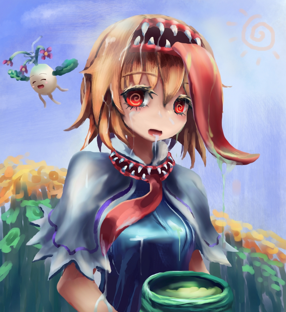 1girl @_@ alice_margatroid bangs blonde_hair blue_dress blue_sky body_horror capelet commentary_request cookie_(touhou) cup daikon dress extra_mouth eyebrows_visible_through_hair eyes_visible_through_hair flower frilled_capelet frills green_tea hair_between_eyes hairband hinase_(cookie) looking_at_viewer mushi_kui open_mouth oversized_object purple_flower red_eyes red_neckwear reu_daikon saliva short_hair sky solo_focus sun tea teeth tongue tongue_out touhou upper_body white_capelet yellow_flower yunomi