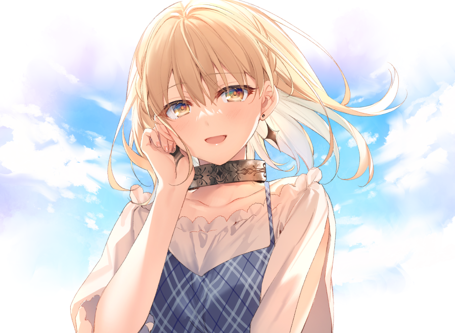 1girl :d blonde_hair blue_dress blue_sky braid buta_no_liver_wa_kanetsu_shiro clouds cloudy_sky day dress earrings fingernails hand_up jess_(buta_no_liver_wa_kanetsu_shiro) jewelry long_sleeves looking_at_viewer open_mouth outdoors shirt sky smile solo toosaka_asagi upper_body white_shirt