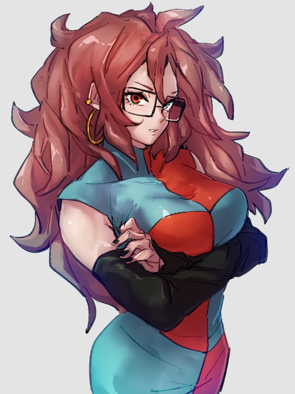 1girl android_21 black_nails blue_eyes breasts checkered checkered_dress crossed_arms dragon_ball dragon_ball_fighterz dress earrings fingernails grey_background heterochromia hoop_earrings jewelry kemachiku large_breasts long_hair nail_polish red_eyes redhead simple_background solo