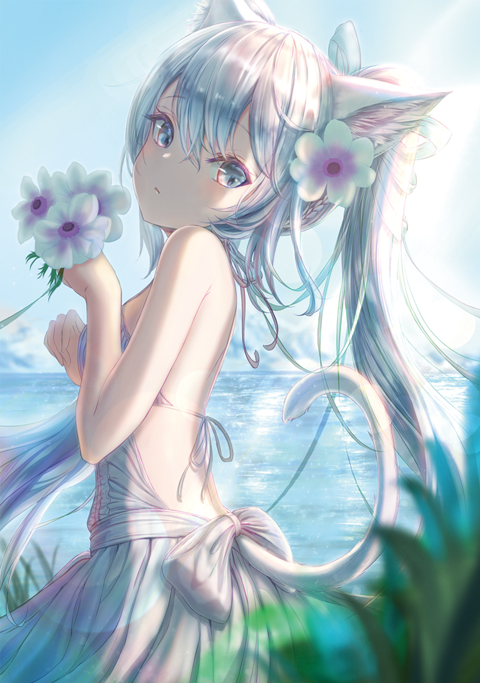1girl animal_ear_fluff animal_ears bangs bare_shoulders beach blue_eyes blurry blurry_foreground bow breasts cat_ears cat_girl eyebrows_visible_through_hair flower grey_hair hair_between_eyes hair_flower hair_ornament hands_up highres holding holding_flower hou_no_ka leaf looking_at_viewer looking_back ocean original parted_lips small_breasts swimwear tail tail_raised twintails water white_bow