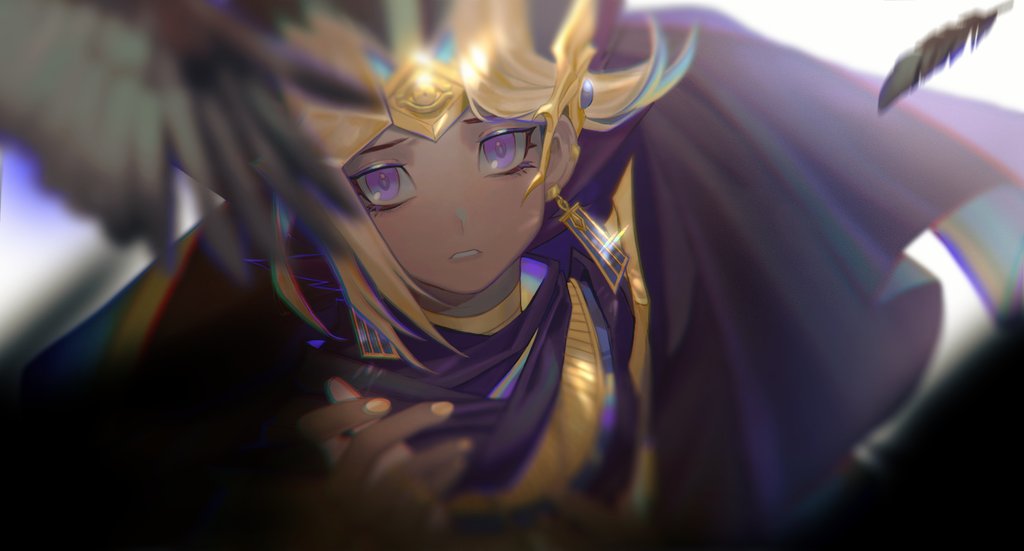 1boy atem blonde_hair cape cbow commentary dark_skin dark_skinned_male earrings egyptian eyelashes feathers glint jewelry looking_up male_focus multicolored_hair parted_lips solo violet_eyes yu-gi-oh! yu-gi-oh!_duel_monsters